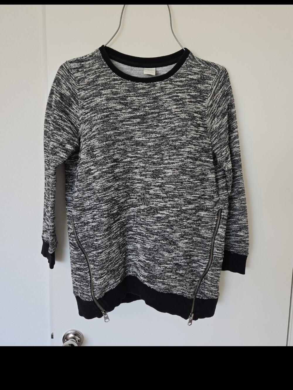 Abercrombie & Fitch Black and White Marled Crewneck Sweater with Side Zips